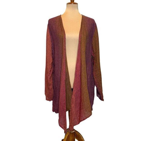 Flax Womens Large Open Front Linen Cardigan Rust Red & Brown Striped Lightweight - Picture 2 of 8